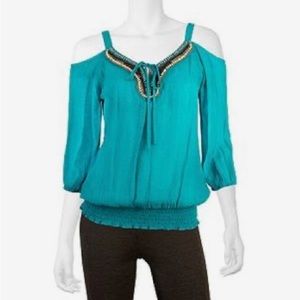 IZ Byer Women's Teal Beaded Tie Front Cold Shoulder Sleeve Boho Blouse Size S